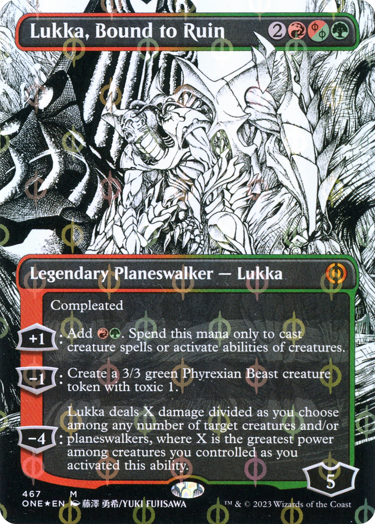 Lukka, Bound to Ruin (Borderless Manga Step-and-Compleat Foil) [Phyrexia: All Will Be One] | Sanctuary Gaming