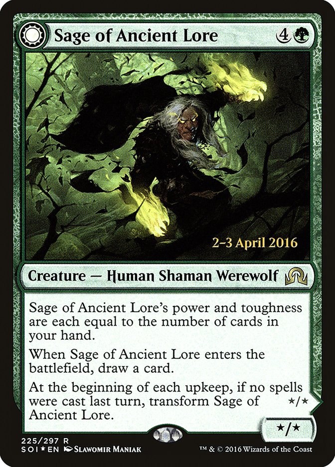 Sage of Ancient Lore // Werewolf of Ancient Hunger [Shadows over Innistrad Prerelease Promos] | Sanctuary Gaming