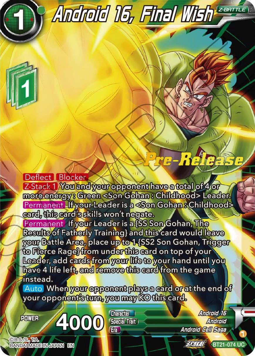 Android 16, Final Wish (BT21-074) [Wild Resurgence Pre-Release Cards] | Sanctuary Gaming