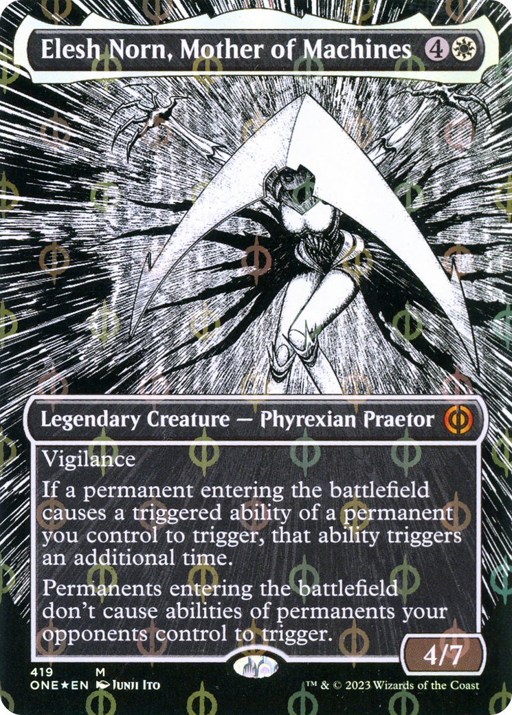 Elesh Norn, Mother of Machines (Borderless Manga Step-and-Compleat Foil) [Phyrexia: All Will Be One] | Sanctuary Gaming